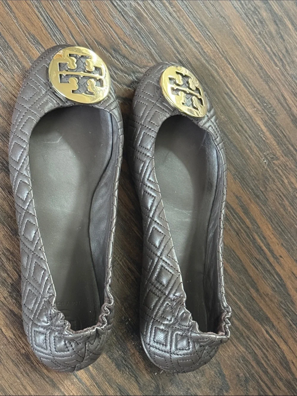 Tory Burch Quilted Dark Brown Leather Ballet Flats with Gold Logo